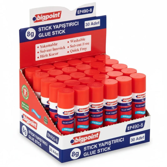 Bigpoint 8g Glue Stick 30-piece pack in red display box with individual red glue sticks visible