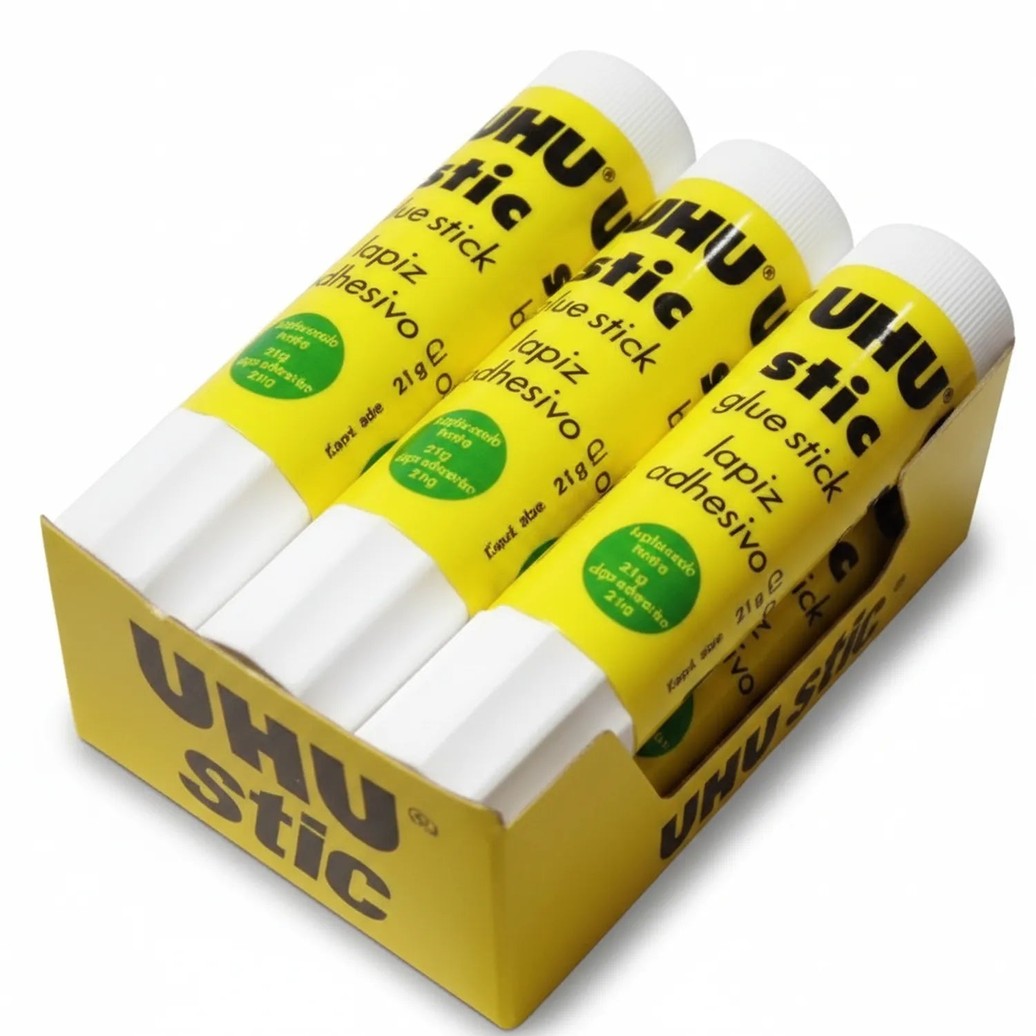 UHU Glue Stick 40G four-pack with yellow packaging featuring white caps and green certification circles on each tube