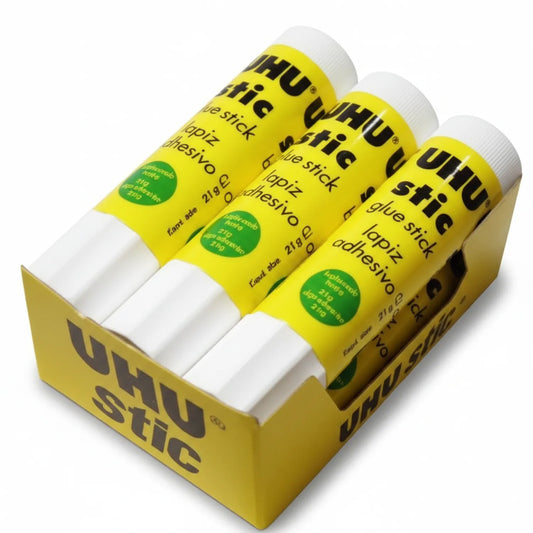 UHU Glue Stick 40G four-pack with yellow packaging featuring white caps and green certification circles on each tube