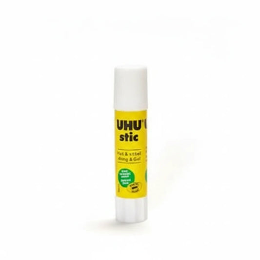 UHU Glue Stick 8g with white cap and yellow label featuring the brand name and product details