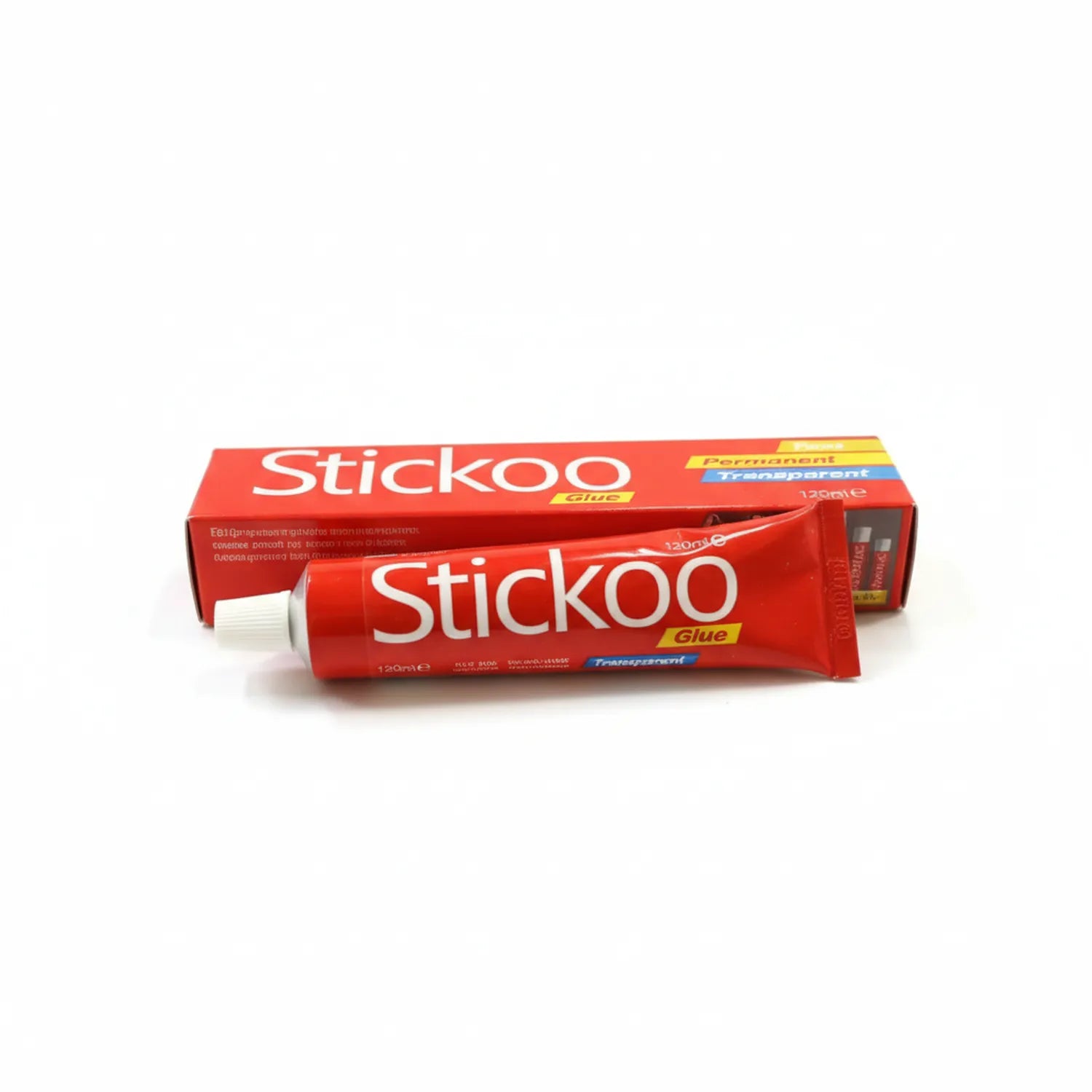 Stickoo Glue Tube 125ml in red packaging with box, showing permanent transparent adhesive with white applicator cap