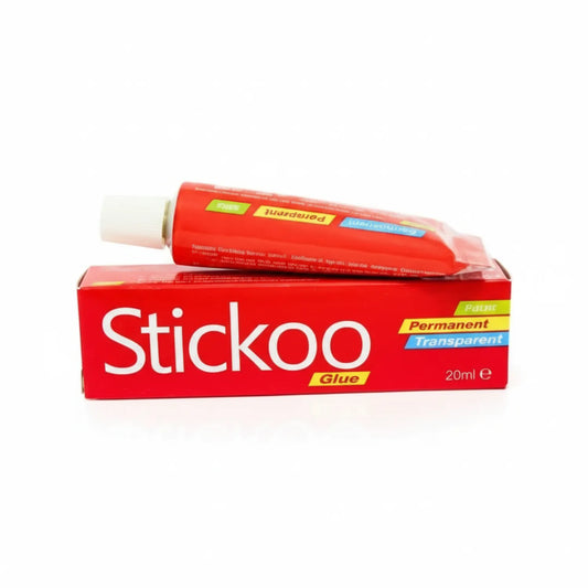 Stickoo Glue Tube 20ml with red packaging box, showing permanent transparent adhesive formula labels and white application cap