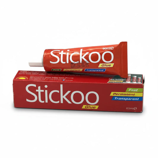 Stickoo Glue 60ml tube in red packaging with box, showing Fast, Permanent, and Transparent properties on label.