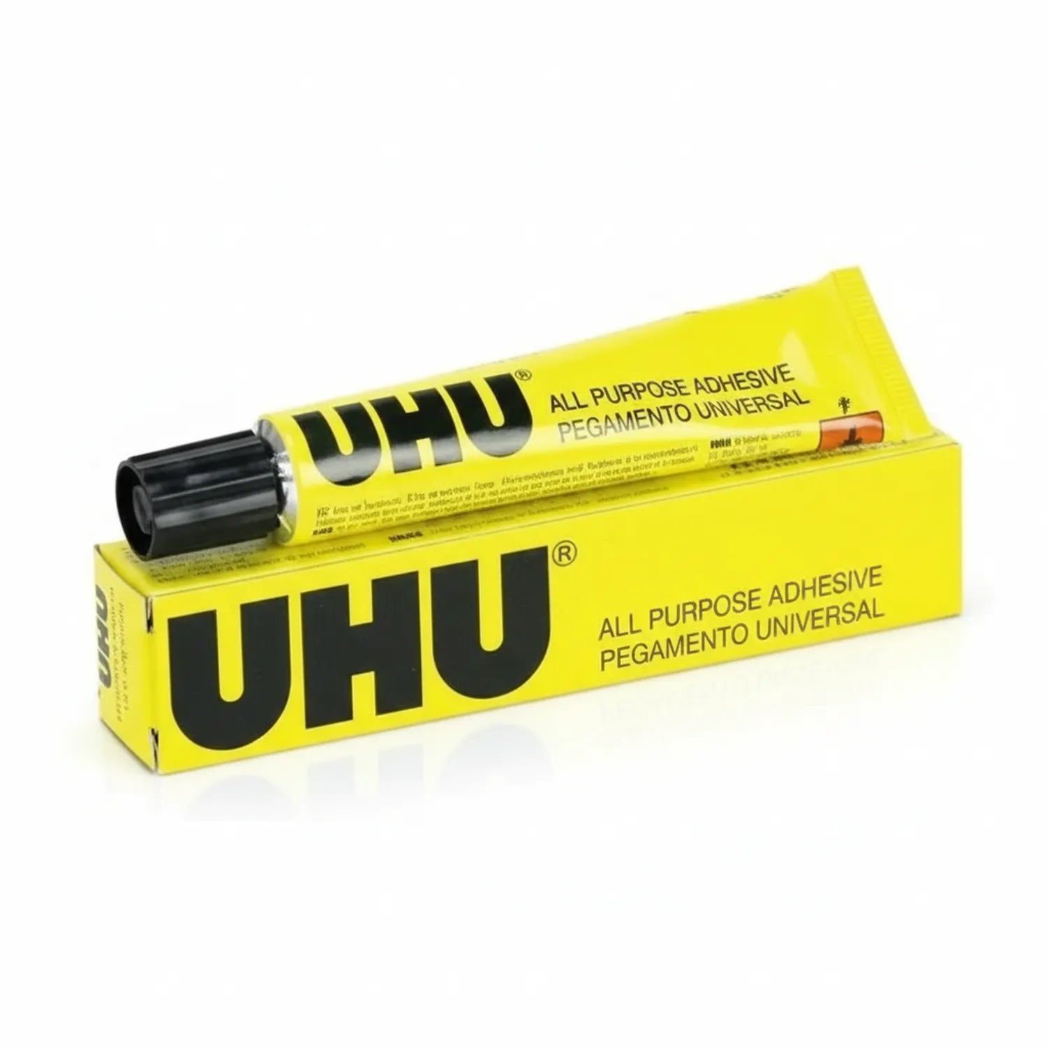 UHU All Purpose Adhesive 60ml glue tube with yellow box packaging and black applicator cap on white background