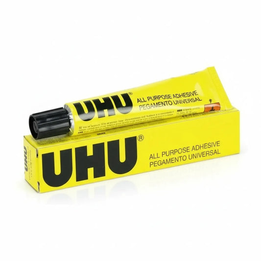 UHU All Purpose Adhesive 60ml glue tube with yellow box packaging and black applicator cap on white background
