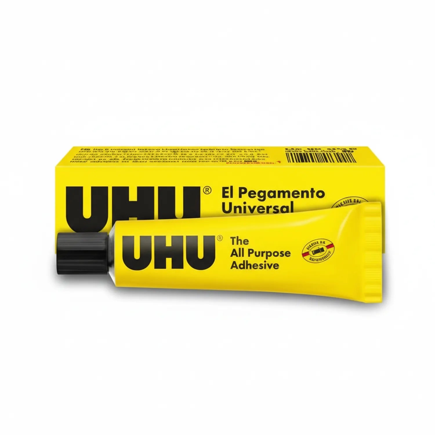 Yellow UHU Universal All Purpose Adhesive glue tube 11/12ml with black cap and UHU branding visible on packaging
