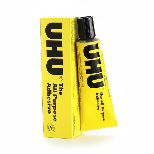 UHU All Purpose Adhesive 12 pack - bright yellow box and tube with black text, 20ml bottles shown with packaging