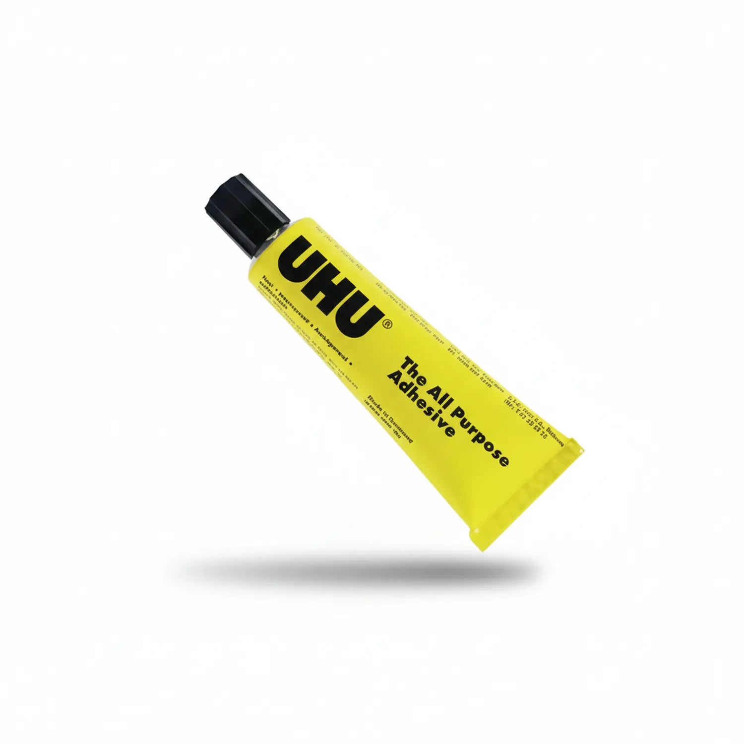 UHU All Purpose Adhesive 125ml glue tube with black cap and bright yellow packaging displaying product name and features