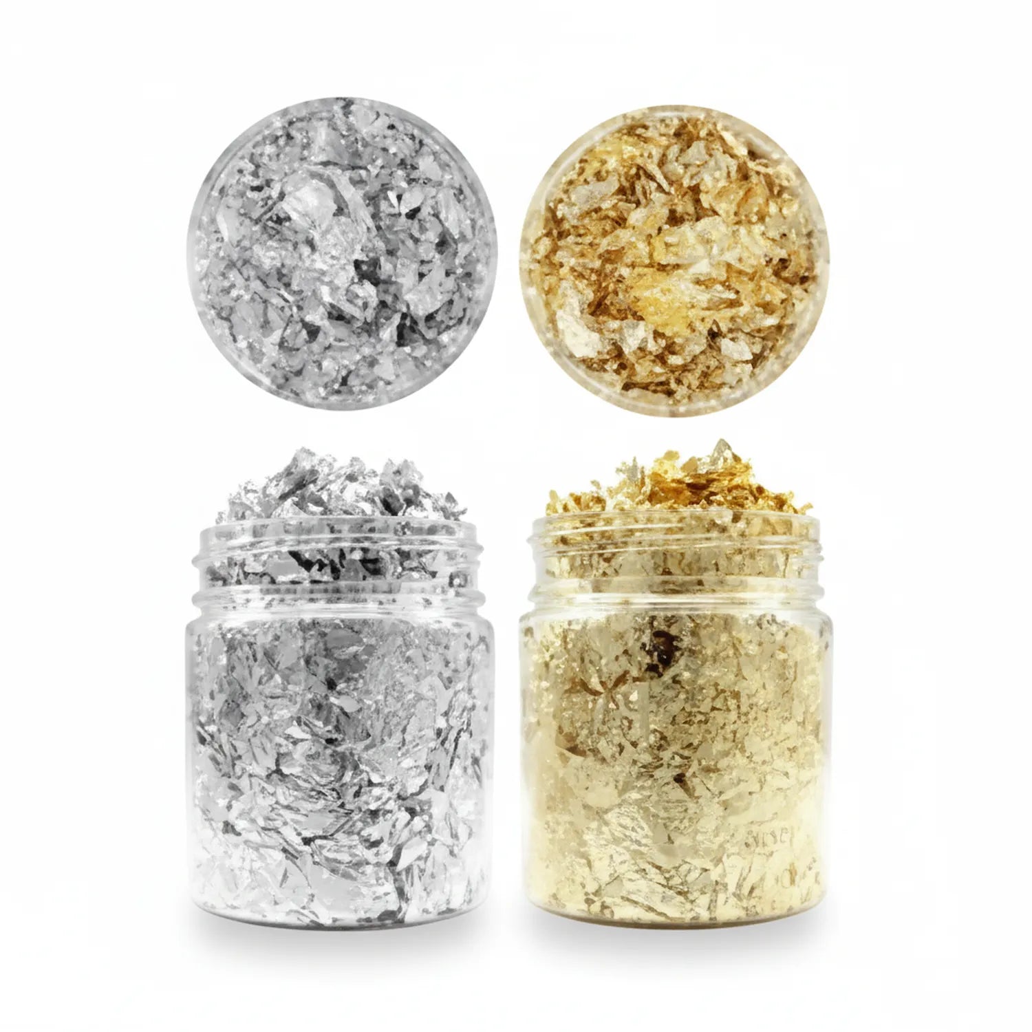 Golden Leaf Jar 2Grm Ks set showing two glass jars - silver leaf flakes (left) and gold leaf flakes (right) with matching solid color spheres above