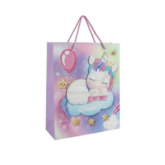 Unicorn Goodies Bag Packet with sleeping unicorn, rainbow mane, pink balloon, golden stars, and pastel gradient design