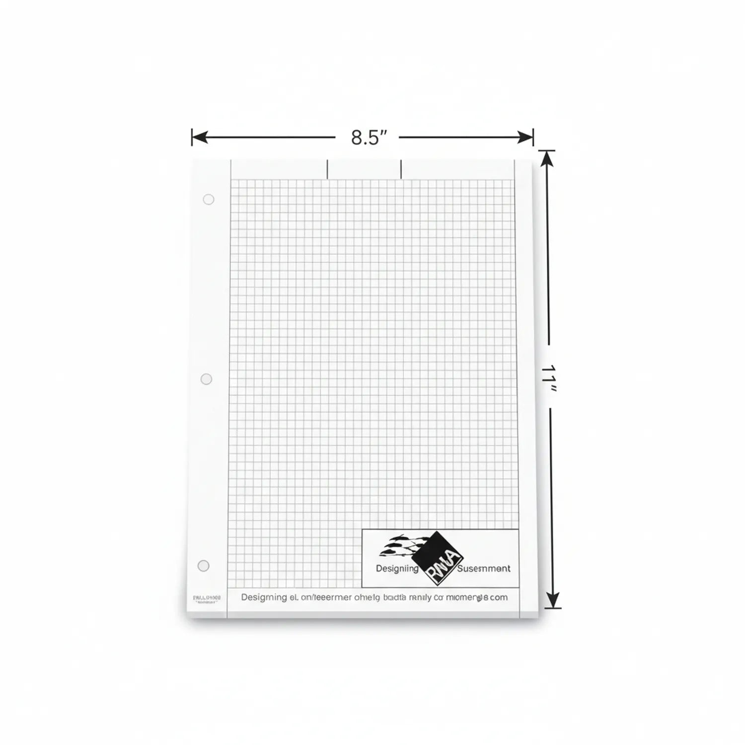 Graphy Copy Inch graph paper pad, 8.5 inches wide by 11 inches tall, featuring 1-inch grid squares, spiral binding holes, professional engineering paper