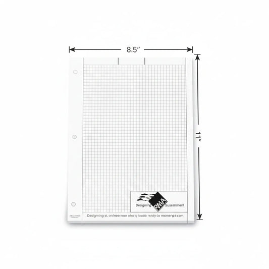 Graphy Copy Inch graph paper pad, 8.5 inches wide by 11 inches tall, featuring 1-inch grid squares, spiral binding holes, professional engineering paper