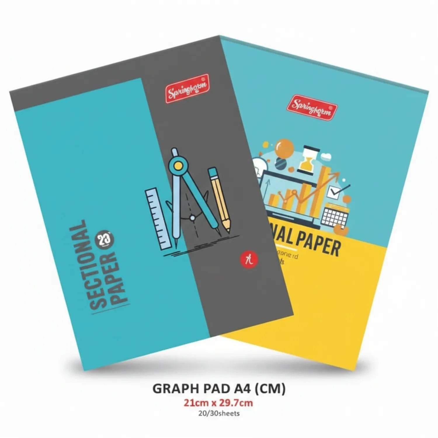 Springfieldm Graph Pad A4 showing three variants in turquoise, dark gray, and yellow packaging with grid paper, rulers, and design tools illustrated on covers
