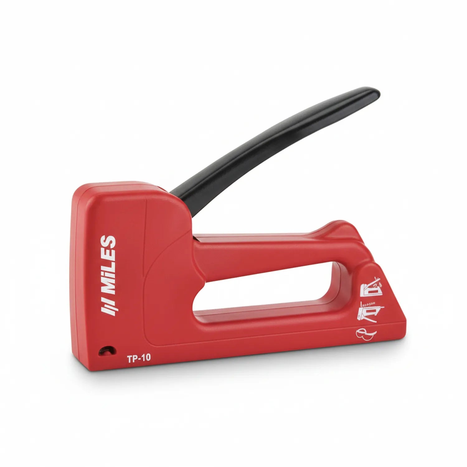 Milnes TP-10 red manual staple gun with black ergonomic handle, shown from angled side view on white background