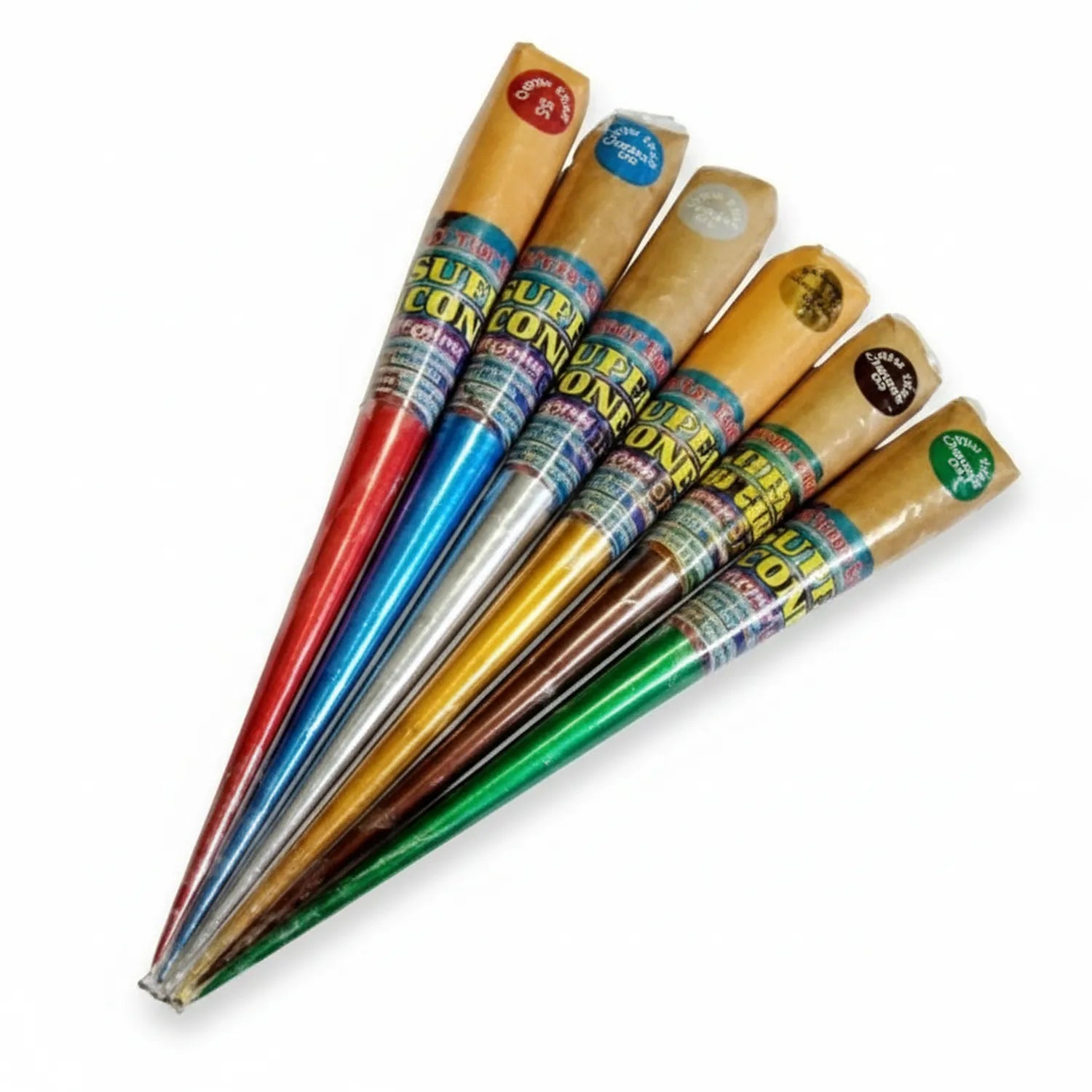 Six Gutta Cones in red, blue, silver, gold, brown, and green arranged in a fan pattern with natural wood applicator tips.