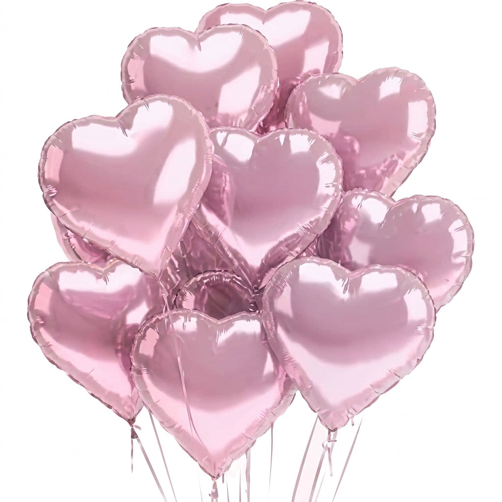 12 metallic pink heart-shaped foil balloons with strings, arranged in a cluster against white background