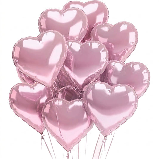 12 metallic pink heart-shaped foil balloons with strings, arranged in a cluster against white background