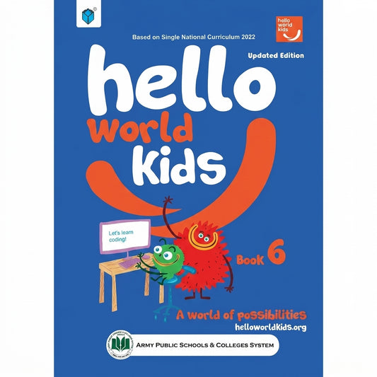 Hello World Kids Book 6 cover featuring blue background, white and red text, animated green frog and red creature character learning coding.