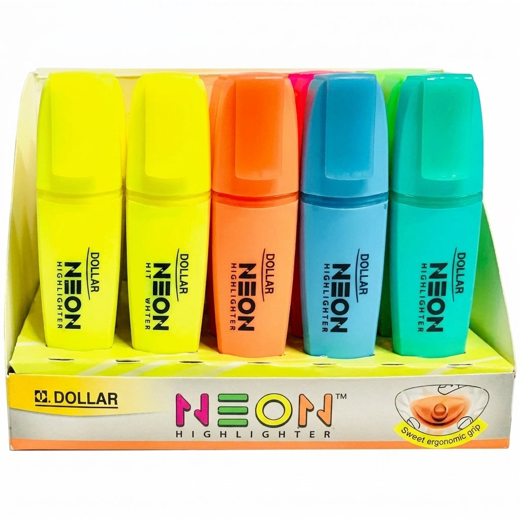 5 Neon Highlighter markers in yellow, orange, turquoise, and green in Dollar brand packaging with sweet ergonomic grip feature