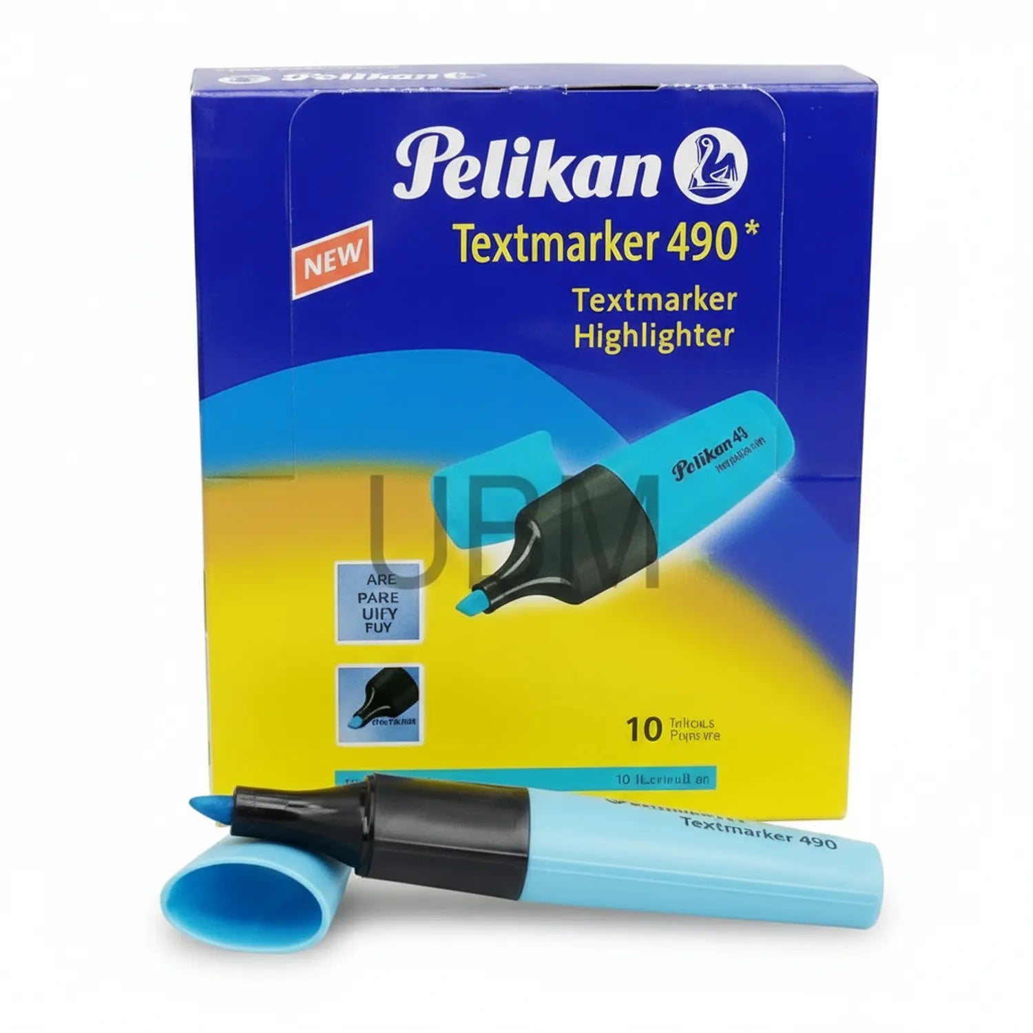 Pelikan Textmarker 490 Blue Highlighter pack of 10 with individual blue marker and packaging displayed