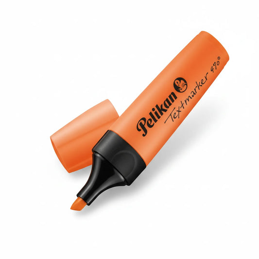 Pelikan orange highlighter marker with black chisel tip and cap, showing 4mm tip marking and branding on barrel