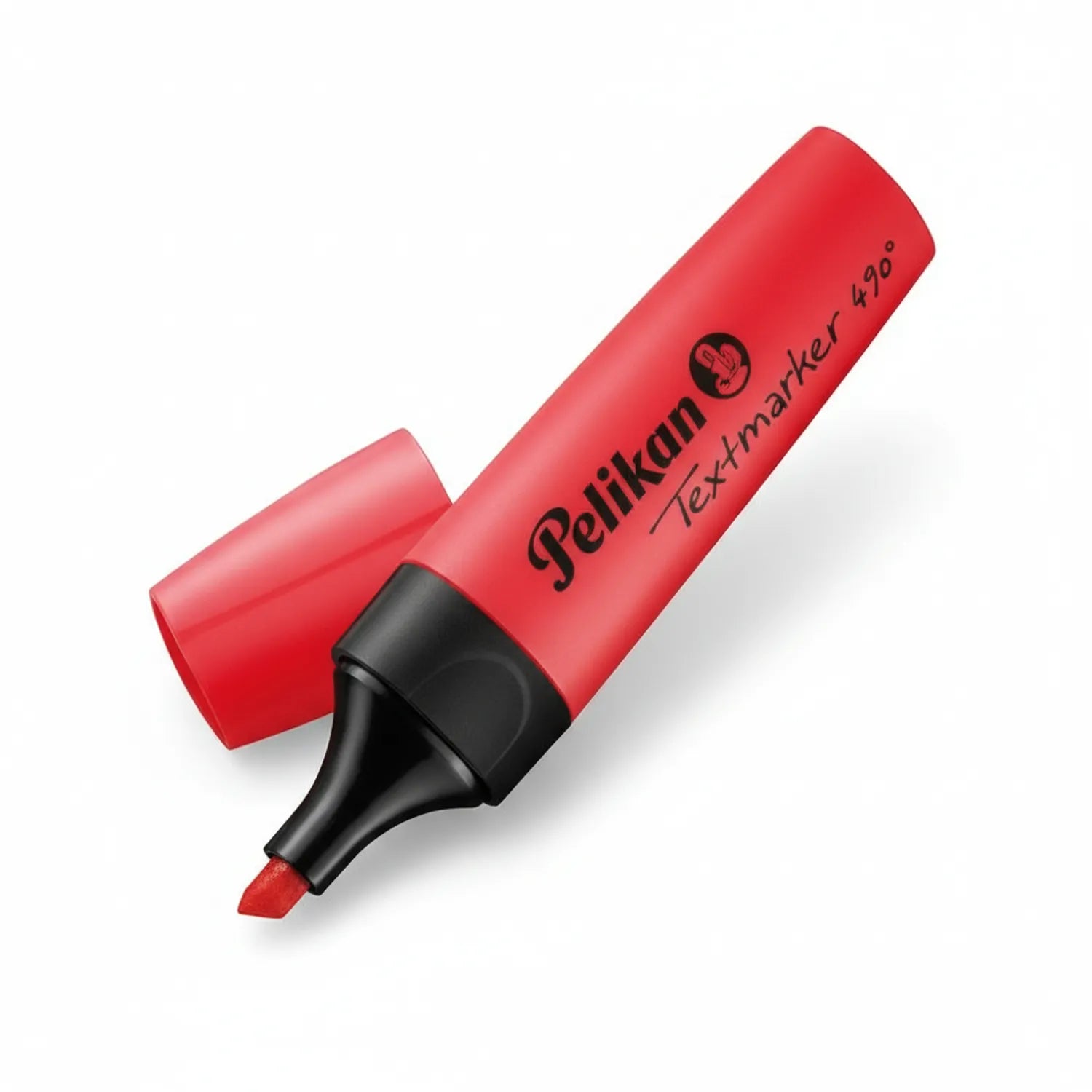 Pelikan Red Highlighter Textmarker 490° with broad chisel tip and black grip, shown at angle with cap removed displaying red ink tip.