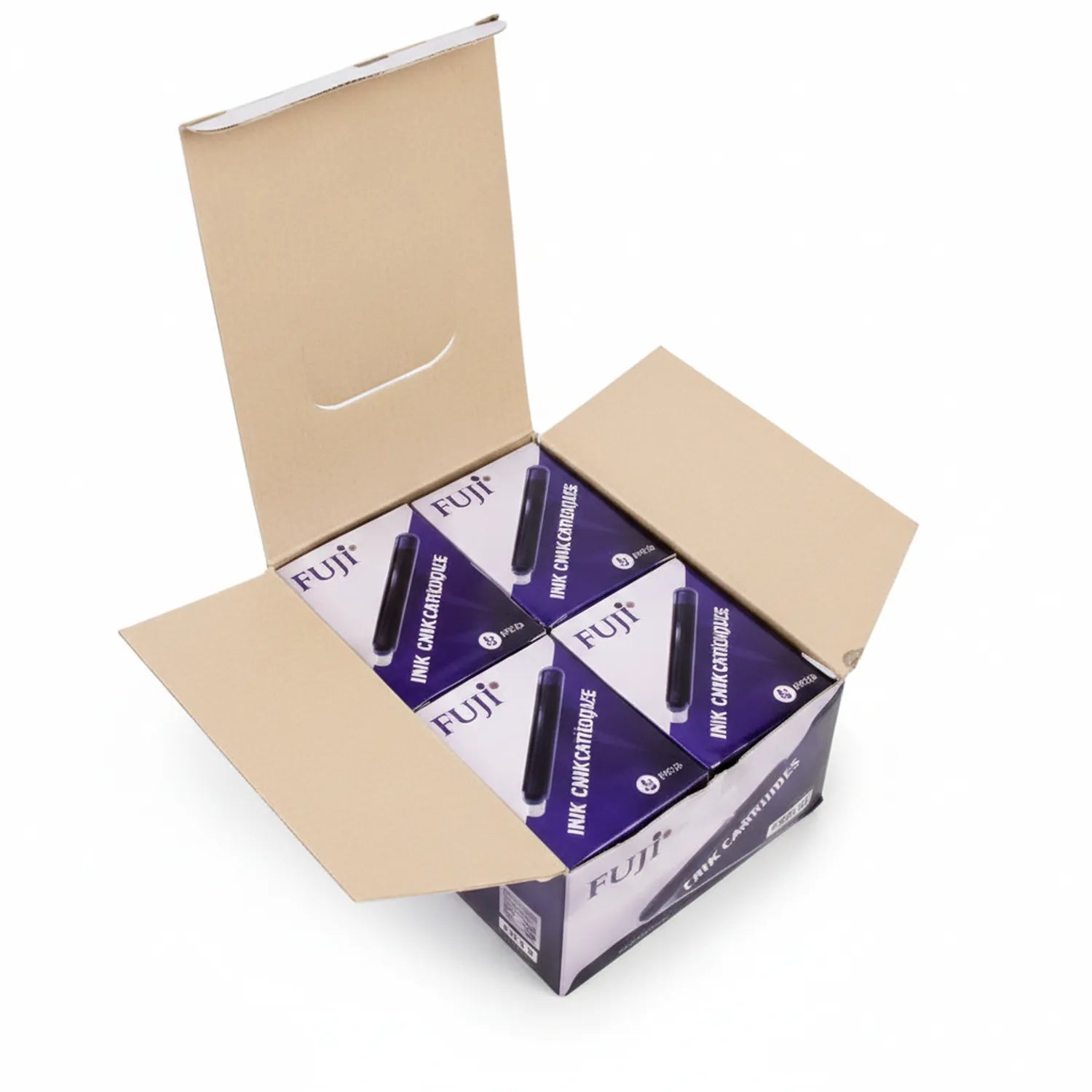 Open cardboard box displaying 4 Fuji blue ink cartridges with purple and white packaging labels visible inside