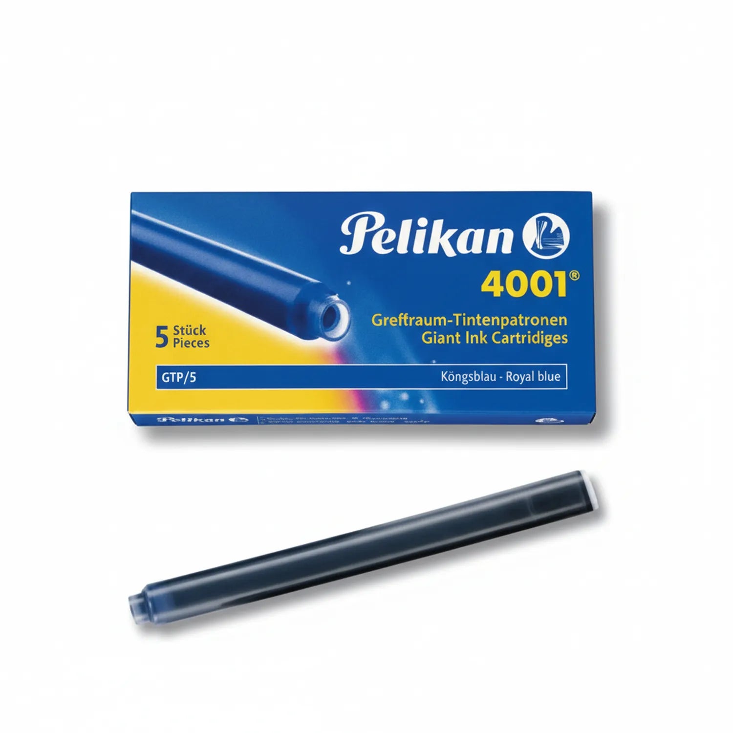 Pelikan 4001 Giant Ink Cartridges packaging with royal blue ink cartridge, 5 pieces, GTP/5 model