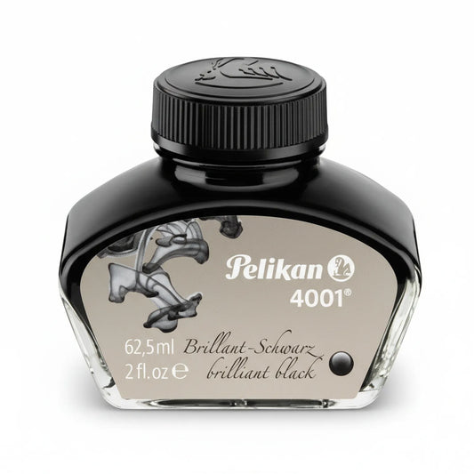Pelikan 4001 Brilliant Black Ink 62.5ml bottle with black cap and beige label featuring Pelikan logo