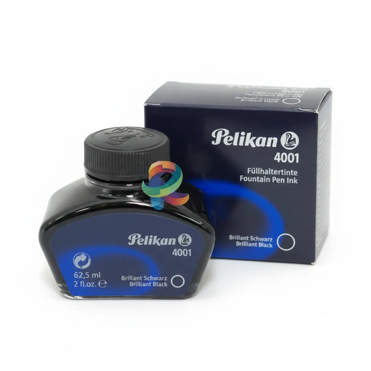 Pelikan 4001 fountain pen ink 62.5ml bottle with black cap and blue label, next to black product box with Pelikan logo