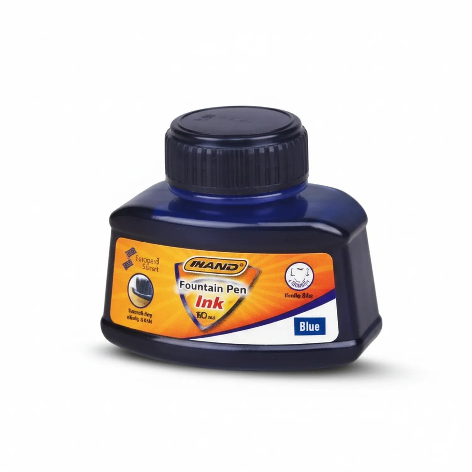 Nandi Fountain Pen Ink 30ml Blue bottle with black cap and orange label on white background