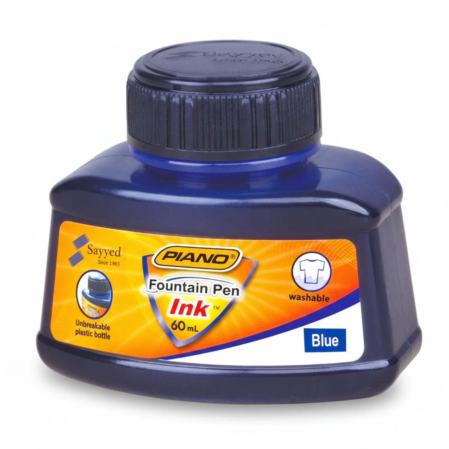 Piano Fountain Pen Ink 60ml bottle in blue, unbreakable plastic container with black cap, yellow and orange label, washable formula