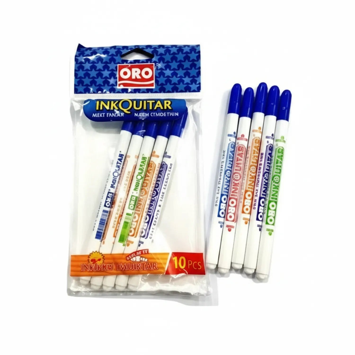 ORO Ink Remover 10-pack set showing multi-color pens with blue caps in packaging and loose display arrangement