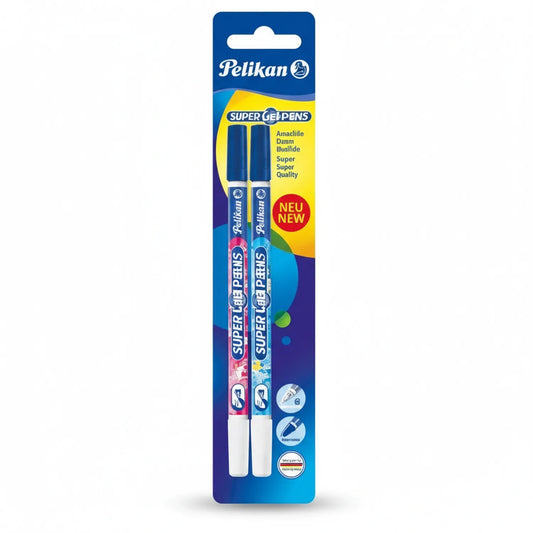 Pelikan Super Gel-Pens 2-pack package showing pink and blue gel pens with ink remover function, blue and yellow packaging with Pelikan branding.