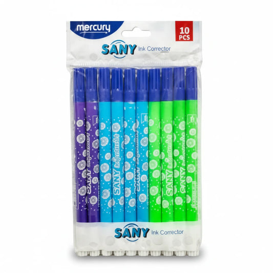 Mercury Sany Ink Corrector 10-pack with purple, cyan blue, and green correction pens in clear packaging