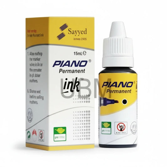 Piano Permanent Ink 15ml black bottle with yellow and white packaging box, dropper cap, professional grade permanent marker ink