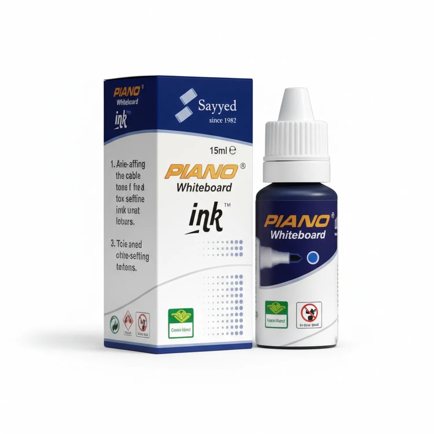 Piano Whiteboard Ink 15ml blue bottle with packaging box showing product details and safety icons