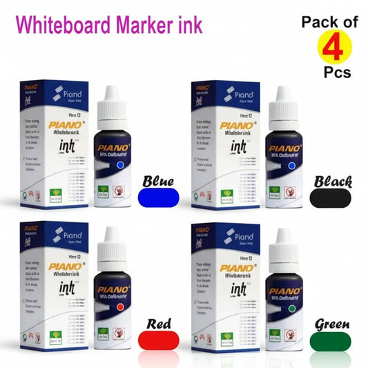 Pack of 4 Piano whiteboard marker ink bottles in 15ml size, showing blue, black, red, and green color variants with branded packaging