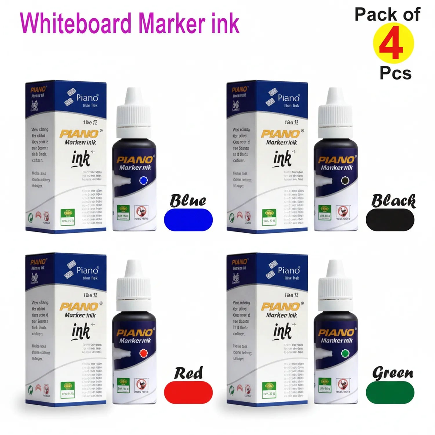 Piano Whiteboard Marker Ink 15ml red refill bottle with dropper cap, shown in pack of 4 with blue, black, red and green color variants