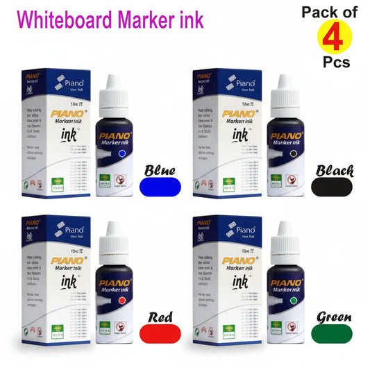 Piano Whiteboard Marker Ink 15ml red refill bottle with dropper cap, shown in pack of 4 with blue, black, red and green color variants