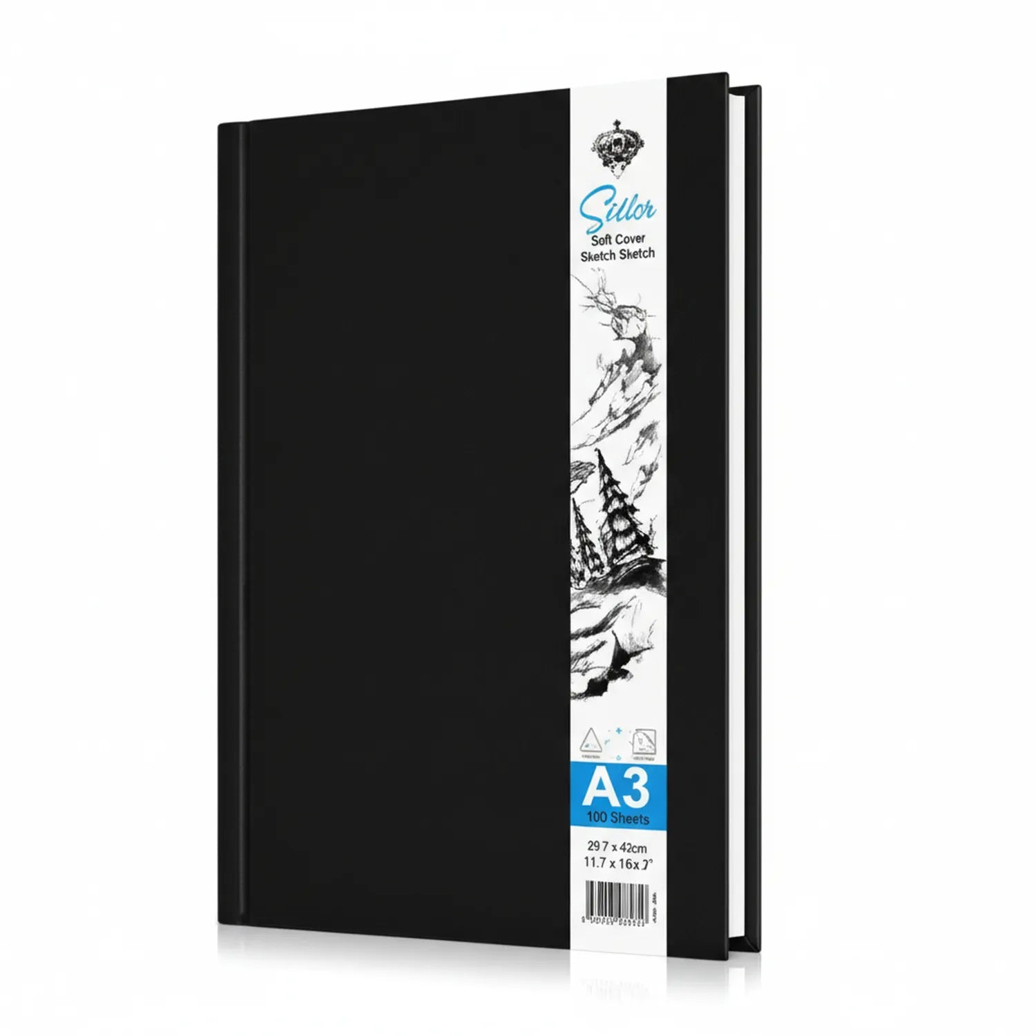 Silor Soft Cover Sketch Journal A3 sketchbook with black soft cover, 100 sheets, 29.7 x 42cm size, featuring ski landscape illustration on packaging