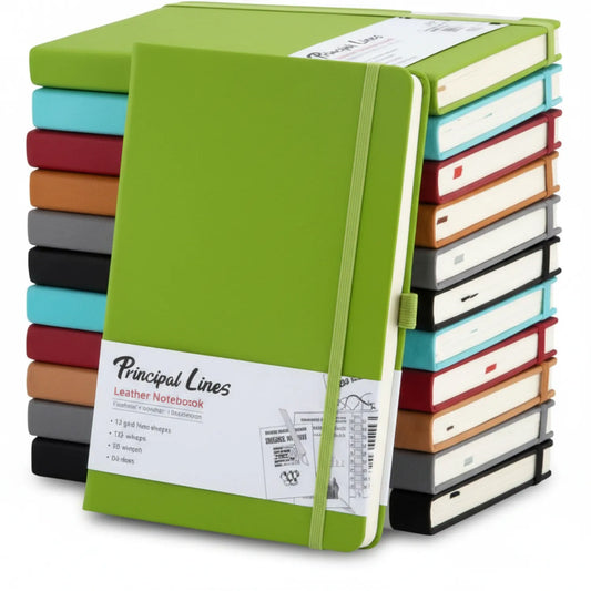 Principal Lines Leather Notebook A5 in vibrant green with matching elastic band, shown with stacked notebooks in multiple colors including turquoise, burgundy, tan, gray, and black