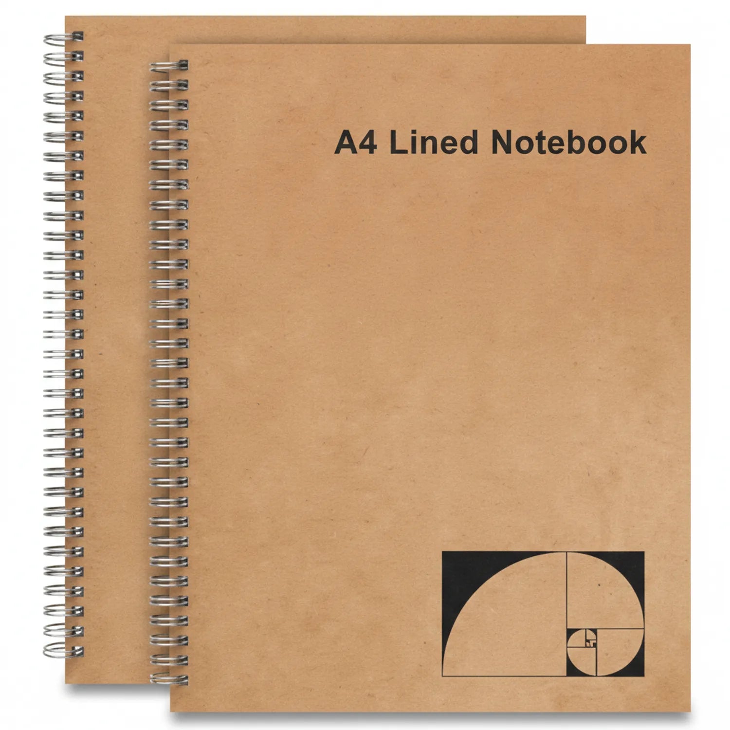Two A4 spiral-bound lined notebooks with kraft paper covers and golden ratio design illustration on front cover