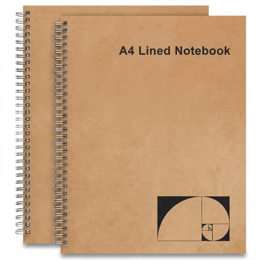 Two A4 spiral-bound lined notebooks with kraft paper covers and golden ratio design illustration on front cover
