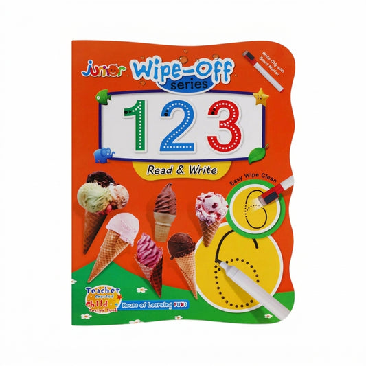 Junior Wipe-Off Series 123 orange interactive book with ice cream graphics, dry-erase marker, and numbered circles for writing practice.