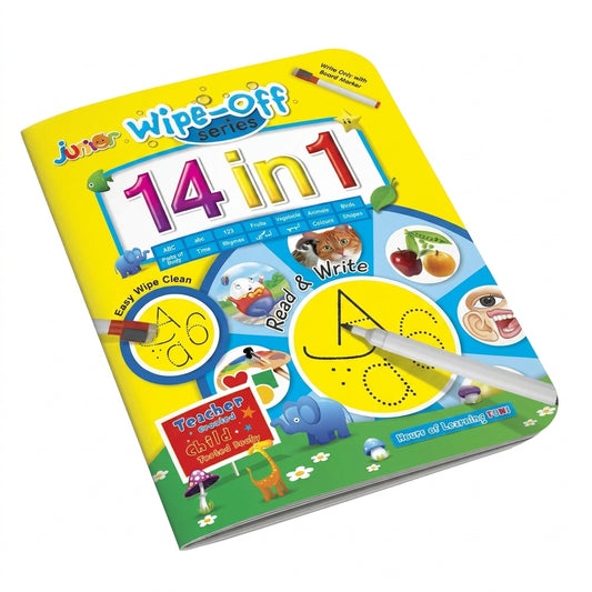Junior Wipe Off 14 In 1 yellow interactive learning book with dry-erase marker, featuring numbers, animals, shapes and educational activities for young children