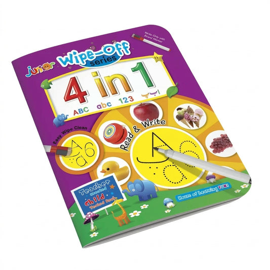 Junior Wipe-Off Series 4 in 1 purple activity board with yellow panels, dry-erase marker, numbers 4, ABC letters, tracing guides, and colorful learning illustrations