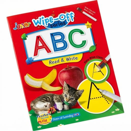 Junior Wipe-Off ABC board with red packaging, colorful alphabet letters, fruit and cat illustrations, dry-erase marker included