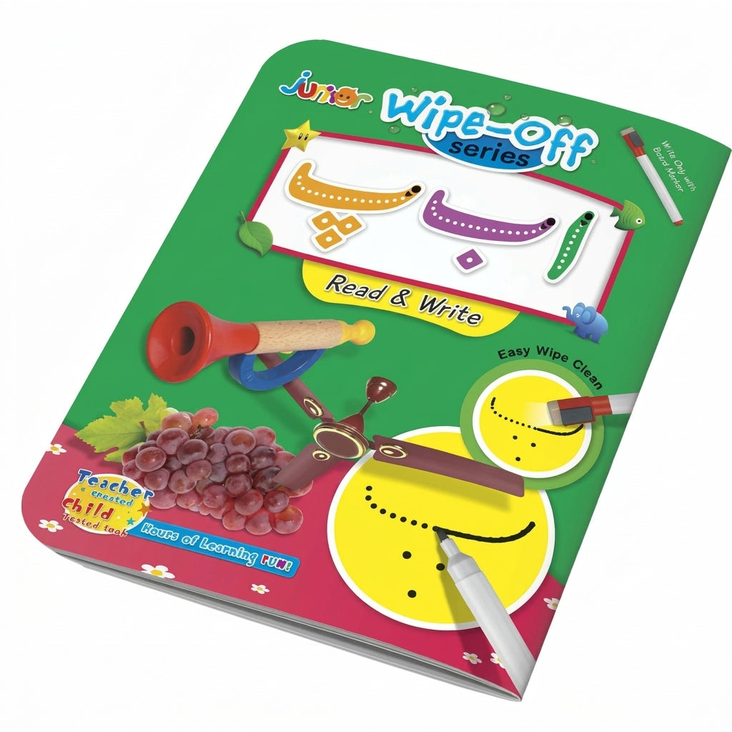 Junior Wipe-Off Series Read & Write learning board with yellow smiley faces, colorful markers, grapes, vegetables, musical notes, and eraser on green and pink packaging.