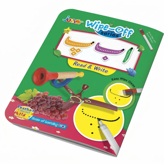 Junior Wipe-Off Series Read & Write learning board with yellow smiley faces, colorful markers, grapes, vegetables, musical notes, and eraser on green and pink packaging.